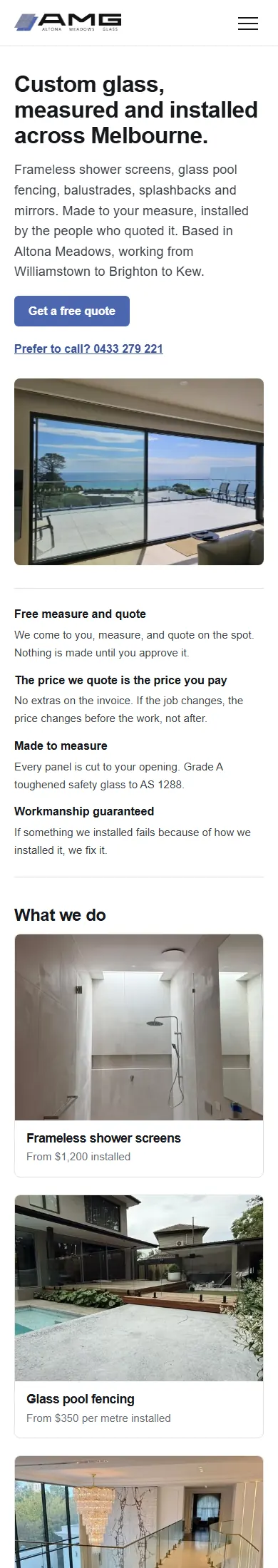 Altona Meadows Glass website on mobile